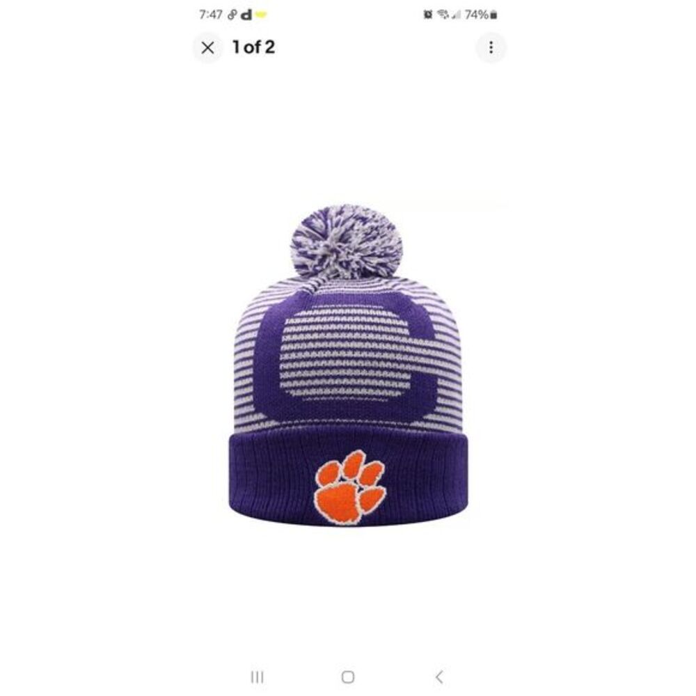 Youth Top of the World Purple Clemson Tigers Line Up Cuffed Knit Hat with‎ Pom